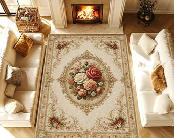 Vintage Floral Medallion Rug, Classic French Style Elegant Roses Design, Shabby Chic Cottagecore Aesthetic, Washable Non Slip Area Rug