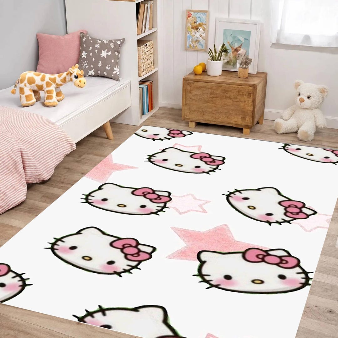 Cute Kawaii Cartoon Cat Kids Area Rug, Pink Bow and Star Pattern Design ...