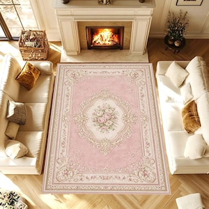Vintage Floral Medallion Rug, French Rococo Rose Design, Shabby Chic Pastel Living Room Carpet, Washable, Non Slip Area Rug, Color Variants
