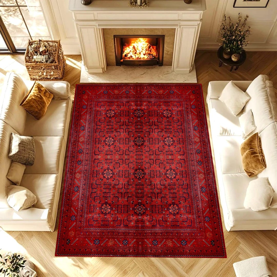 Red Persian Style Area Rug – Printed Vintage Rug for Living Room ...