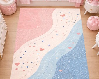 Pastel Abstract Kids Area Rug, Pink Blue Heart Pattern Nursery Carpet, Washable Non Slip Playroom Rug, Soft Low Pile Girls Bedroom Floor Mat