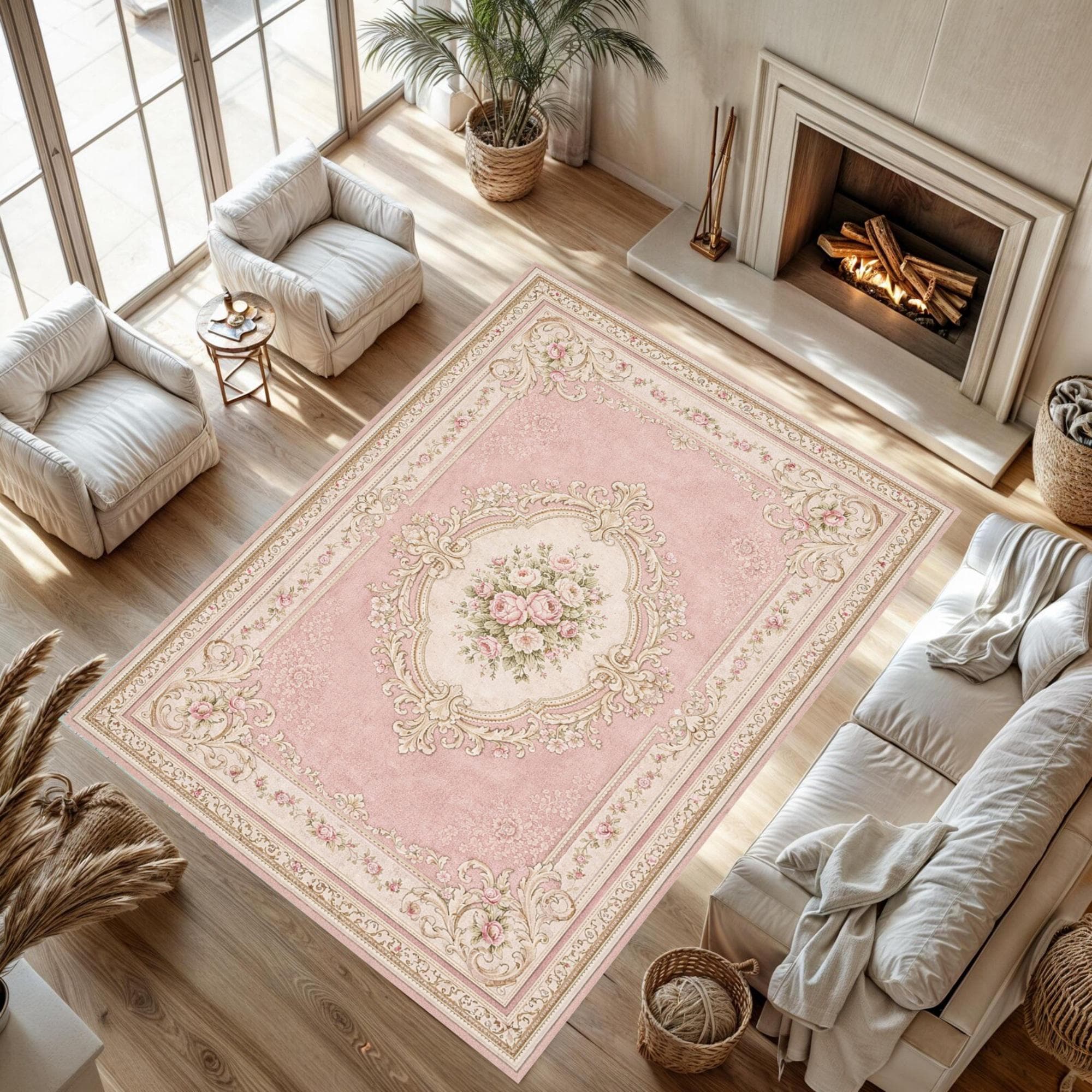 Demask Rug Rococo Vintage Floral Medallion Rug, French Rococo Rose Design, Shabby Chic ...