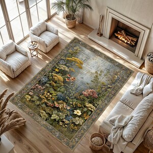 May include: A rectangular area rug featuring a detailed botanical print with yellow, pink, and blue wildflowers, green foliage, and a weathered gray background. The rug is framed by a decorative border with small floral patterns on a dark gray base.