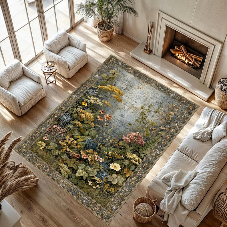 May include: A rectangular area rug featuring a detailed botanical print with yellow, pink, and blue wildflowers, green foliage, and a weathered gray background. The rug is framed by a decorative border with small floral patterns on a dark gray base.