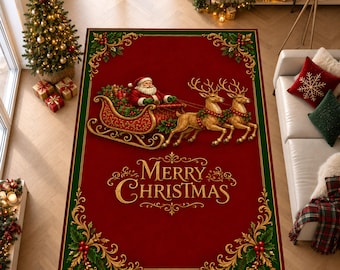 Peut inclure: Un tapis rectangulaire au fond rouge profond avec une bordure vert foncé. Le centre représente le Père Noël dans un traîneau doré tiré par deux rennes. Le texte Merry Christmas est imprimé en lettres dorées sous le traîneau.