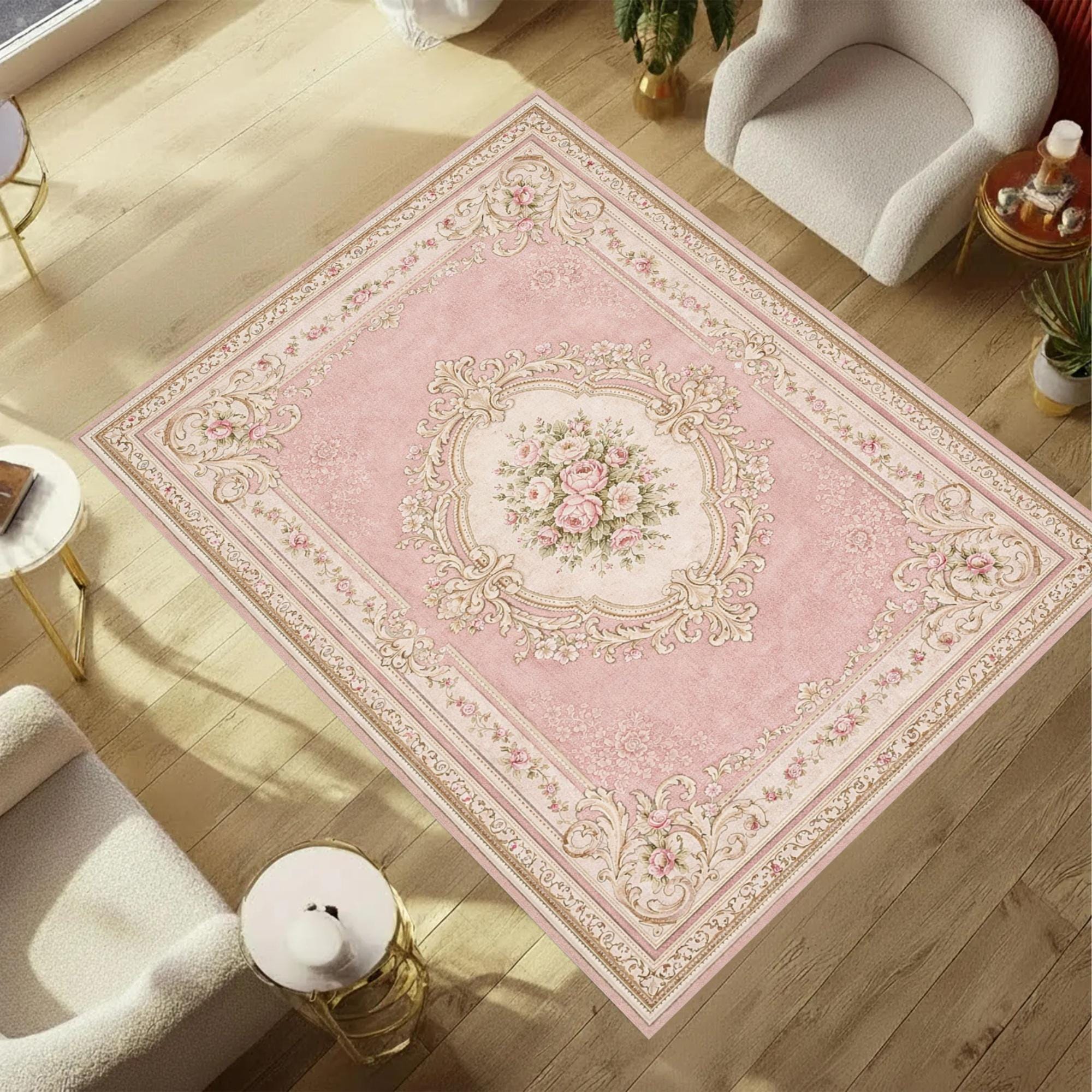 Vintage Floral Medallion Rug, French Rococo Rose Design, Shabby Chic ...