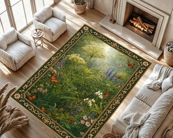 Vintage Botanical Garden Rug, Butterfly Floral Nature Design, Washable Non Slip Area Rug, Cottagecore Boho Living Room Decor Carpet