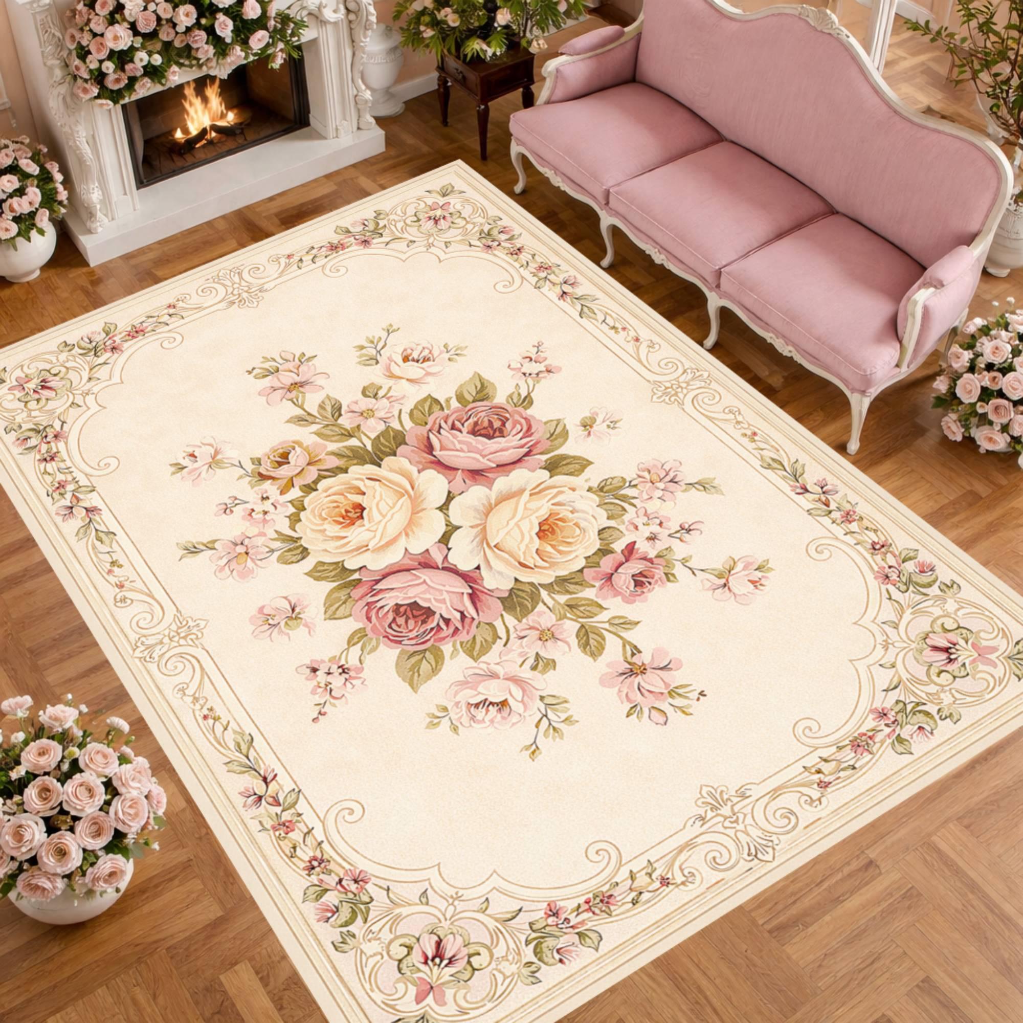 Vintage Floral Area Rug, French Rococo Rose Medallion Carpet, Shabby ...