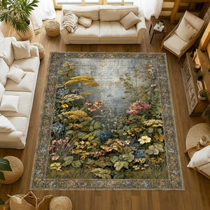 May include: A rectangular area rug featuring a botanical print with yellow, pink, and blue wildflowers, green foliage, and a faded script background. The rug has a dark blue border with a repeating floral pattern and sits on a wooden floor.