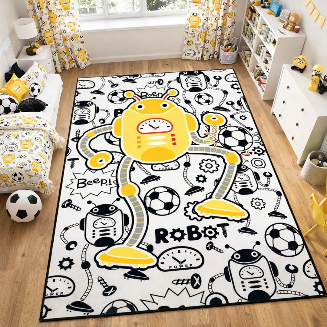 Cute Robot Kids Room Rug, Cartoon Nursery Area Rug, Washable Non Slip ...