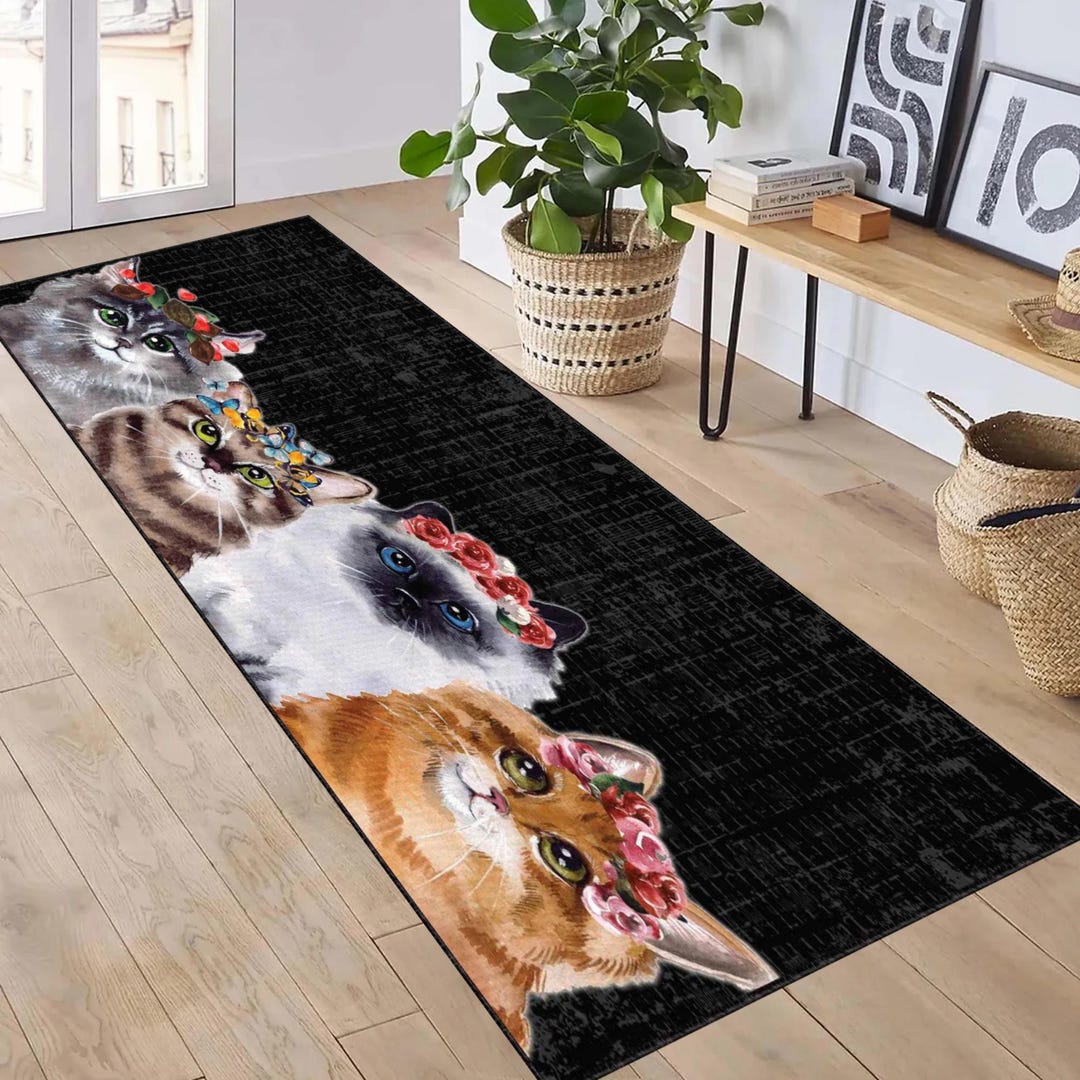 Cat Rug Design Floral Cat Rug, Cute Cat Lover Area Rug, Black Background Cat Carpet ...