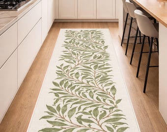 Botanical Leaf Kitchen Runner Rug, Minimal Nature Design, Washable Non Slip Runner, Farmhouse Kitchen Mat, Neutral Hallway Rug