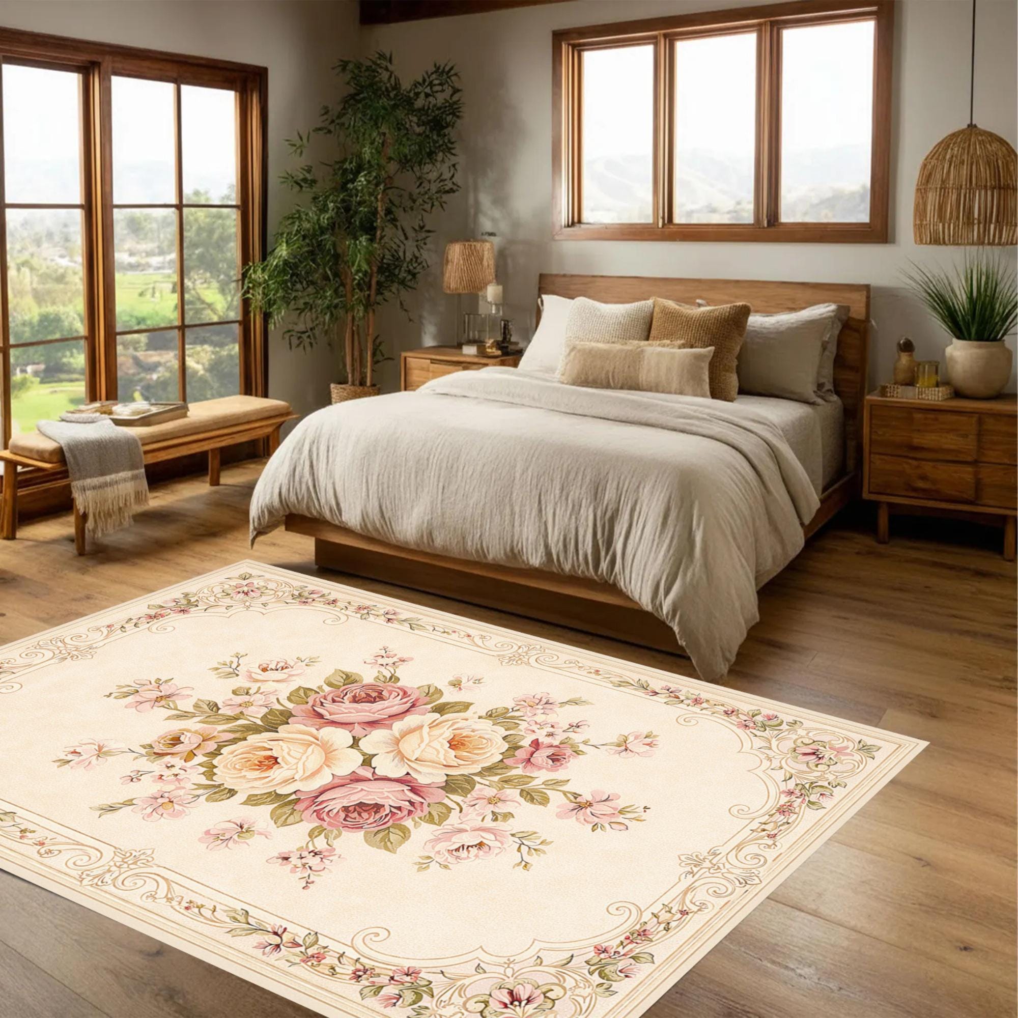 French Rococo Rug Style Vintage Floral Area Rug, French Rococo Rose Medallion Carpet, Shabby ...