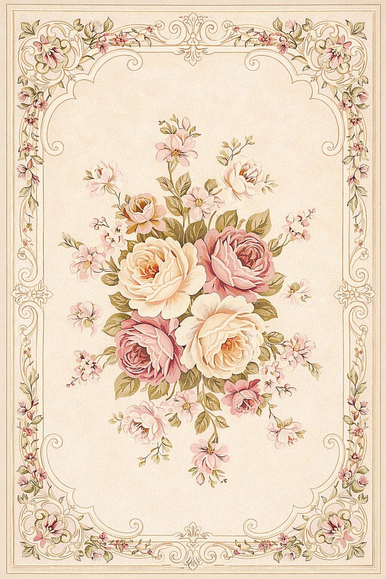 French Rococo Rug Style Vintage Floral Area Rug, French Rococo Rose Medallion Carpet, Shabby ...