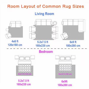 May include: An informational diagram titled Room Layout of Common Rug Sizes showing furniture arrangements for living rooms and bedrooms. It displays various rug dimensions in feet and centimeters, including 4x6 ft (120x180 cm), 5.2x7.5 ft (160x230 cm), and 6x9 ft (180x280 cm).