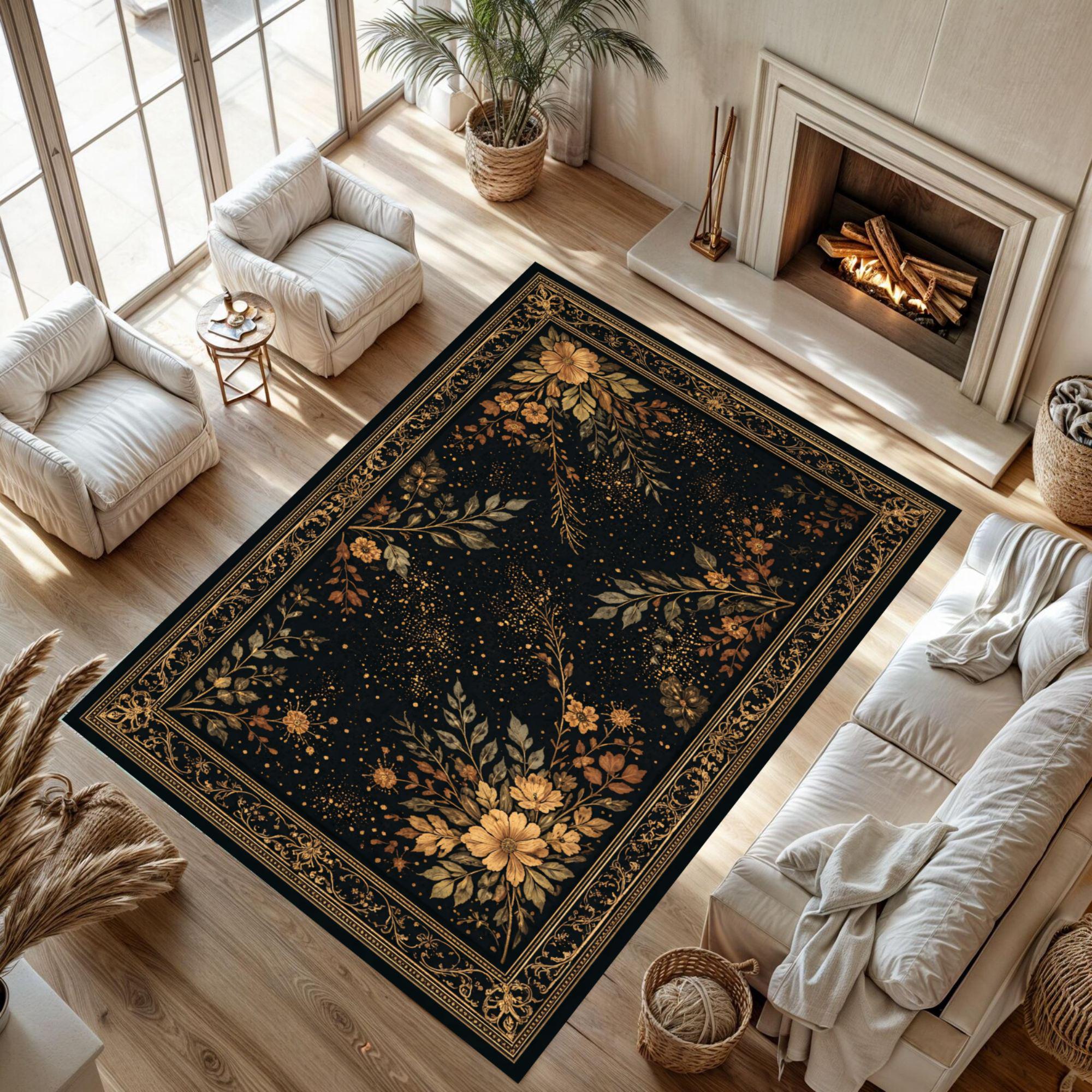 Luxury Dark Floral Rug, Black Gold Botanical Design, Vintage Elegant ...