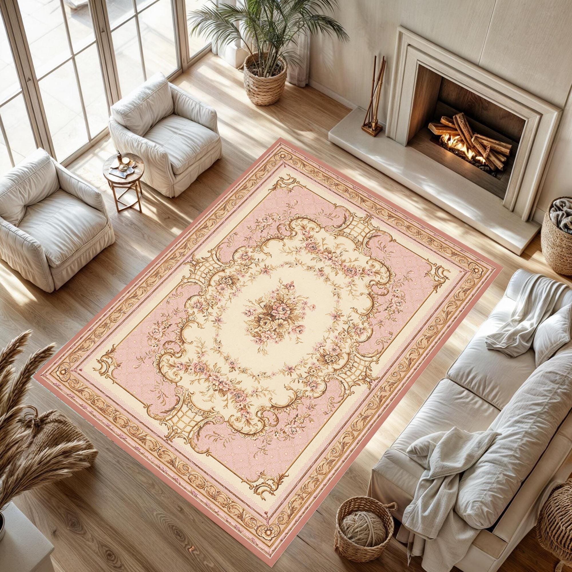 Large Vintage Pink Floral Area Rug, French Rococo Baroque Medallion ...