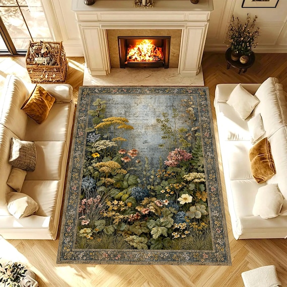 Vintage Botanical Floral Area Rug, Cottagecore Living Room Rug, Farmhouse Decor Rug, Washable Non Slip Rug, Nature Inspired Home