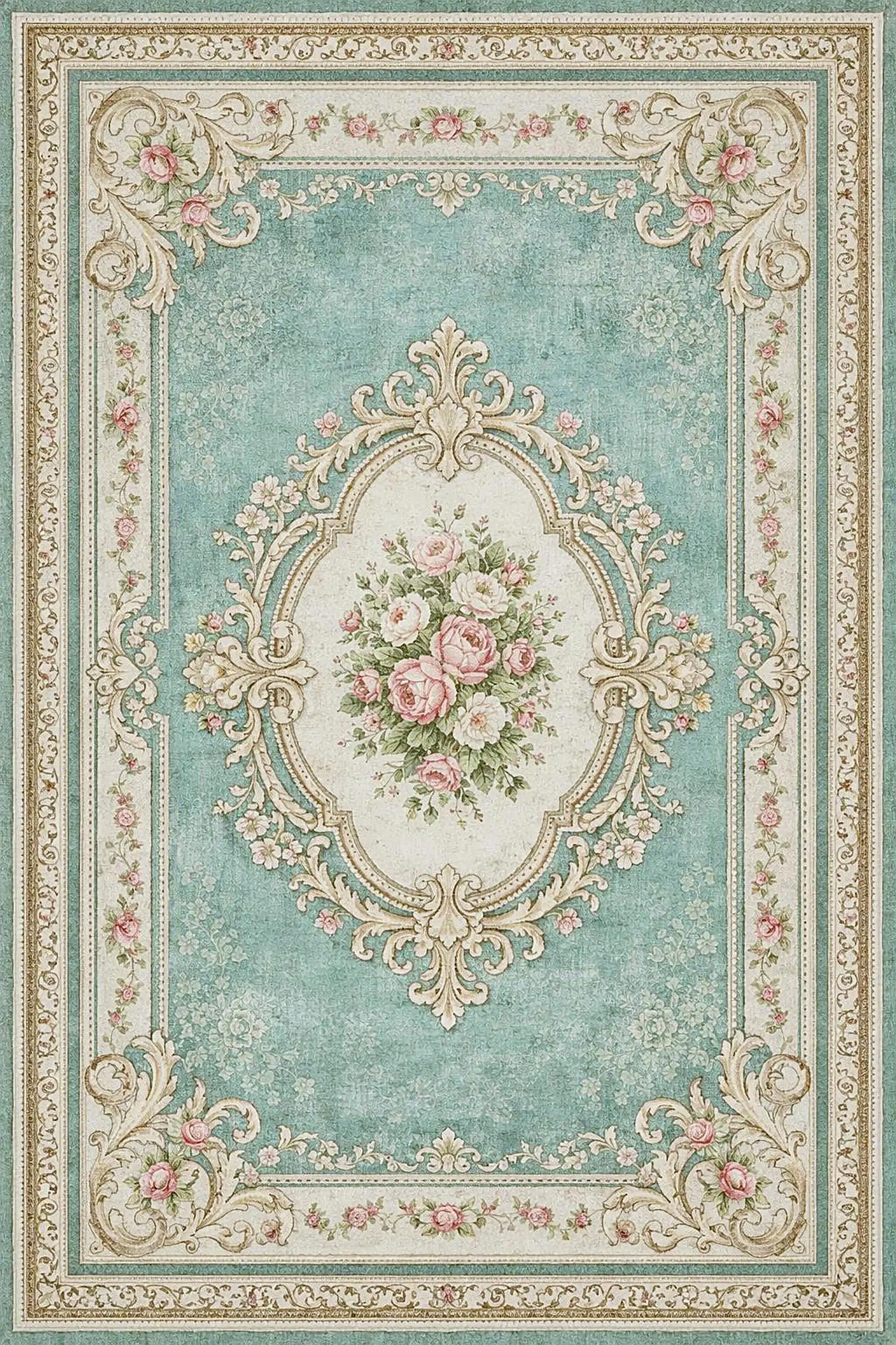 Vintage Floral Medallion Rug, French Rococo Rose Design, Shabby Chic ...