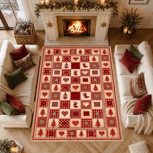 Christmas Patchwork Rug, Rustic Farmhouse Holiday Kitchen Decor, Red Gingham Tree Pattern, Washable Non Slip Area Rug Cozy Festive Home