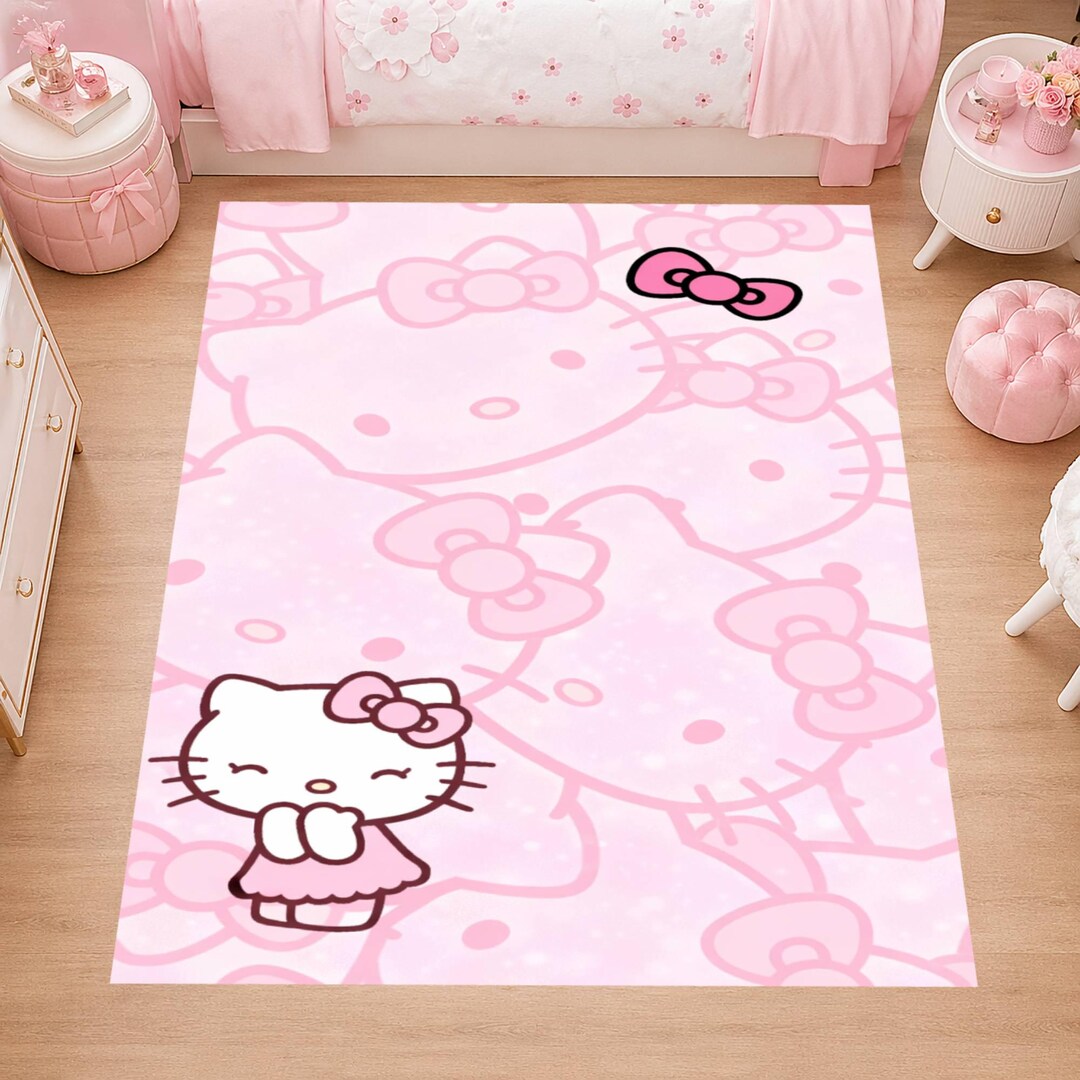 Cute Kawaii Cartoon Cat Kids Area Rug, Soft Pink Bow Design, Washable ...