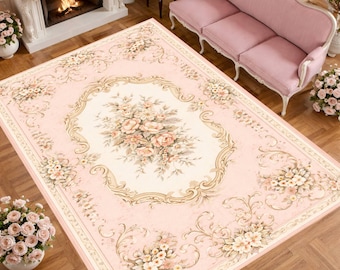 Vintage French Floral Living Room Rug, Ornate Baroque Rose Bouquet Design, Washable, Non Slip, 3 Color Options, Elegant Area Carpet