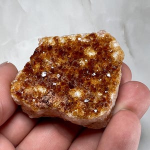 Op de afbeelding: Een ruw citrien kristalcluster met diep amberkleurige en goudgele kristalpunten. Het mineraalexemplaar heeft een grillige, onregelmatige vorm met een dichte concentratie van doorschijnende, veelzijdige kwartsformaties op een rotsachtige basis.