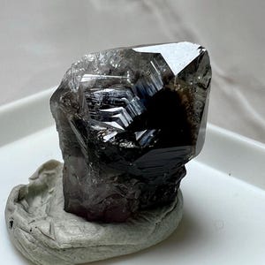 Può includere: Un gruppo di cristalli scuri e sfaccettati dall'aspetto fumoso. Il cristallo poggia su una base grigio chiaro di forma organica. La superficie del cristallo riflette la luce, mostrando la sua struttura geometrica.