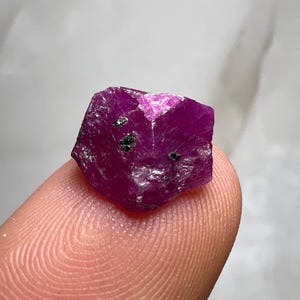 May include: A raw, uncut ruby gemstone, displaying a deep magenta hue with dark inclusions. The gem is held on a fingertip, showcasing its natural, crystalline structure. The ruby's surface reflects light, highlighting its facets and color variations. A close-up view of a natural gemstone.