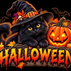 Könnte beinhalten: Eine schwarze Katze mit gelben Augen trägt einen spitzen Hexenhut mit Totenkopf. Neben der Katze befinden sich ein leuchtender Kürbis, brennende Kerzen und Herbstblätter. Ein Holzschild zeigt das Wort HALLOWEEN in tropfenden Buchstaben.