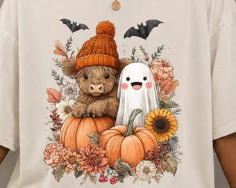 Highland Cow Ghost Shirt, Cute Halloween Shirt, Fall Highland Cow Tee, Pumpkin Ghost Shirt,Cottagecore Halloween Tee, Spooky Season Gift