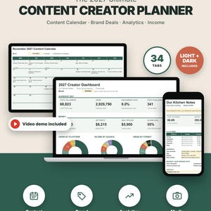 May include: The 2027 Ultimate Content Creator Planner for Microsoft Excel and Google Sheets features a content calendar, creator dashboard, and mobile view. Includes 34 tabs, light and dark modes, and a video demo for tracking analytics, income, and brand deals.