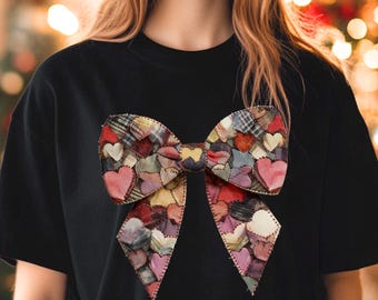 Valentine Faux Patchwork Bow PNG | Heart Fabric Bow Clipart | Sublimation Design | Vintage Stitch