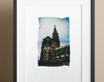 Polaroid Emulsion Lift on A5 watercolor paper (14.8 x 21 cm) "Cathedral in Two Stages"