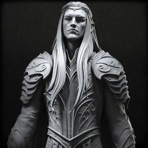 May include: A detailed grayscale sculpture of an elven figure with long, flowing white hair and a regal expression. The figure wears ornate armor with intricate patterns and shoulder guards, set against a dark background.