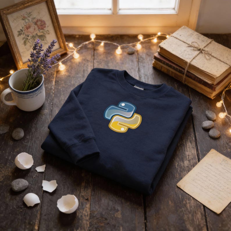 K&ouml;nnte beinhalten: Ein marineblaues Sweatshirt mit dem Python-Logo in Blau, Gelb und Grau. Das Sweatshirt liegt gefaltet auf einer dunklen Holzoberfl&auml;che, umgeben von dekorativen Elementen wie B&uuml;chern, einem gerahmten Bild und Lichterketten.