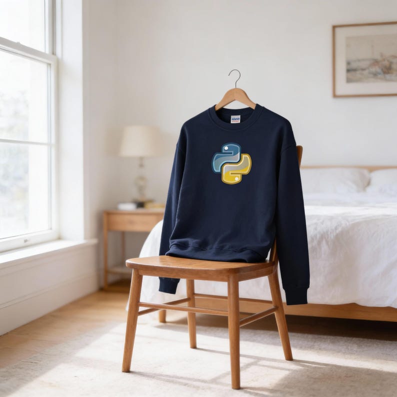 K&ouml;nnte beinhalten: Ein marineblaues Sweatshirt mit dem Python-Logo in Blau und Gelb. Das Sweatshirt h&auml;ngt auf einem Holzstuhl. Das Python-Logo ist ein stilisiertes Bild von zwei ineinander verschlungenen Schlangen, ein Symbol der Programmiersprache.
