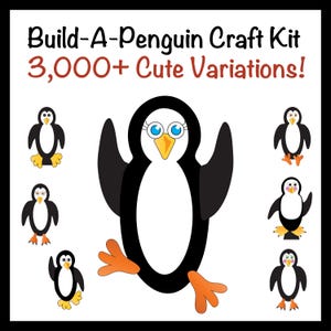 Può includere: Uno sfondo bianco presenta un kit di artigianato Build-A-Penguin con il testo "3,000+ Cute Variations!". L'immagine mostra un grande pinguino con colori bianco e nero, occhi blu e piedi arancioni. Sono presenti anche diverse illustrazioni di pinguini più piccoli.