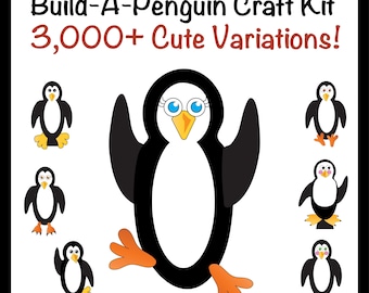 May include: A white background features a Build-A-Penguin Craft Kit with the text "3,000+ Cute Variations!". The image shows a large penguin with black and white coloring, blue eyes, and orange feet. Several smaller penguin illustrations are also present.