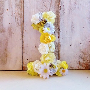 8 inch Tall First BEE Day: Birthday Number of you Choice ~ Photo Prop ~ Yellow Roses, White Daisies ~ 8" Stand Up Number ~Table Top Decor