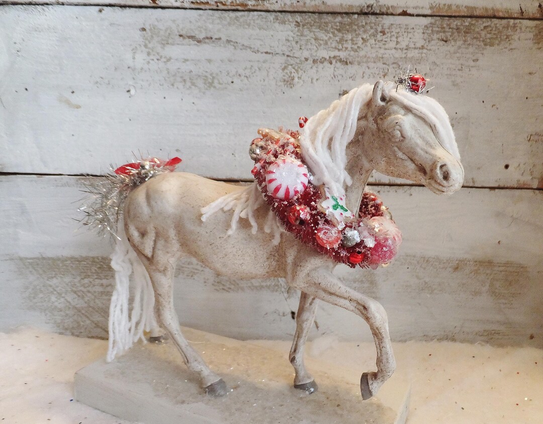 PEPPERMINT PONY Horse Statue With Faux Candy Wreath up Cycled