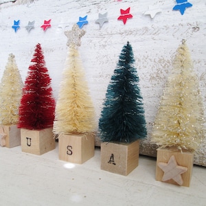 PATRIOTIC Tree Blocks : Tier Tray Decor ~ Gift ~ 3.25 inches tall ~ Trees on Wood Blocks with Stars, U.S.A. ~ Memorial Day /July 4th Decor