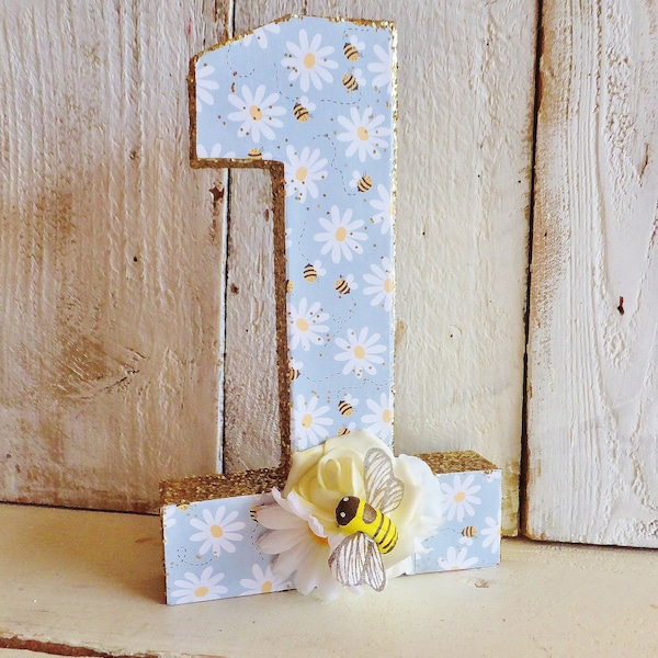BEE ONE Birthday: Photo Prop ~ 8" Tall Stand Up Number ~ Table Decor ~ Party Decor ~ Flowers & Bee ~ Our Original Design ~ Daisey, Roses