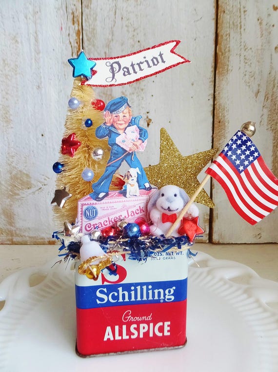 Vintage Cracker Jack Tin Assemblage: Patriotic Semi-Quincentennial Decoration, 6 Inches Tall