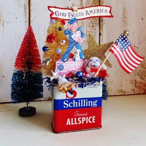 Vintage Cracker Jack Tin Assemblage: Patriotic Semi-Quincentennial Decoration, 6 Inches Tall image 2