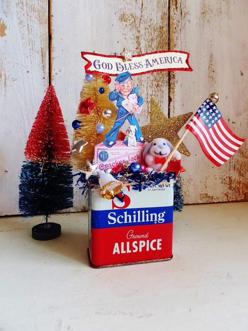 Vintage Cracker Jack Tin Assemblage: Patriotic Semi-Quincentennial Decoration, 6 Inches Tall image 2