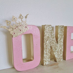 Princess Birthday ONE:  with Gold Tiara ~ Photo Prop ~ 8" Tall Stand Up Letters ~ Table Decor ~ Set of 3 Letters ~ Party Decor