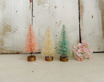 SPRING Pink, Blue and Natural Bottle Brush Trees ~ Pastel ~ 3 inches Tall ~ Glittered ~ Set of 3 ~ Mother's Day Gift ~ Holiday Trees