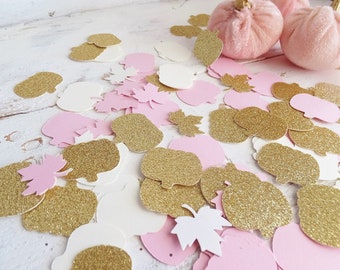 Little* Pink Pumpkin CONFETTI: Fall Baby Shower, Birthday, Wedding Table Scatter ~ Gold Glitter Maple Leaves~ 100+ pieces ~ Crafts