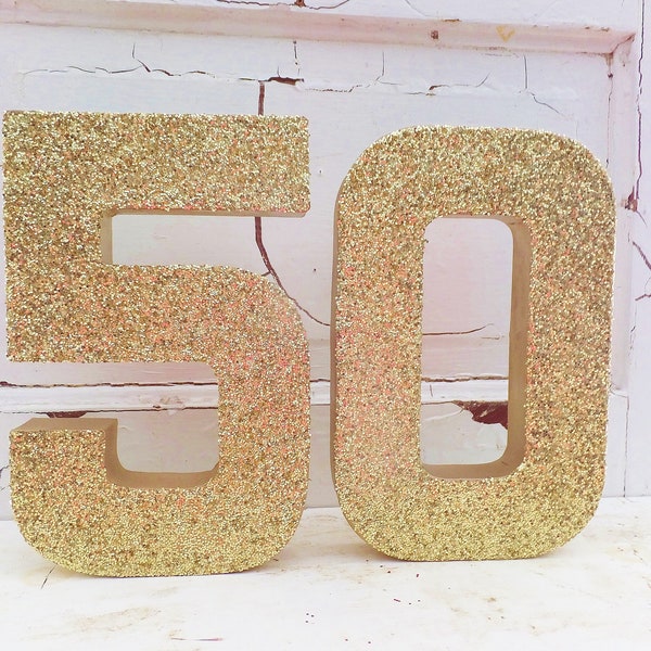 8 Inch Tall Number 50: GOLD Glitter Photo Prop ~ OR 2 Numbers of your Choice ~ Stand Up TableTop Decor ~Painted on the Back Too! ~ Sealed